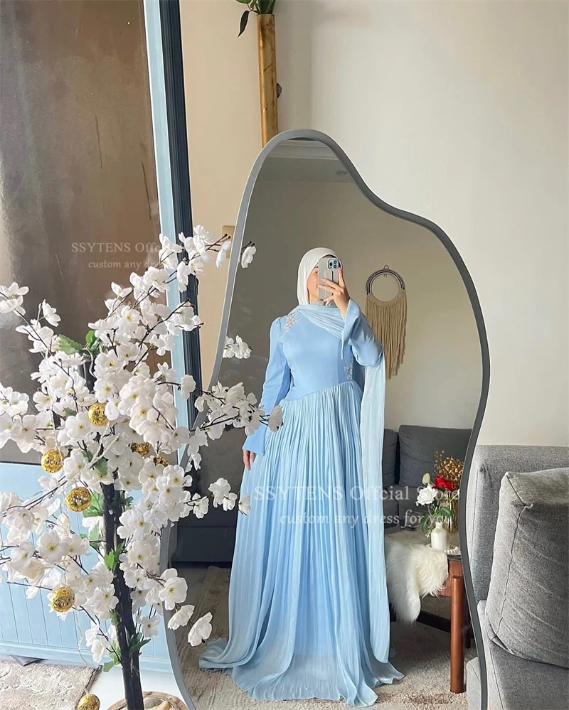 SSYTENS Modesto Musulmano A Line Abiti da cerimonia Piega Abito da sera per donna Appliques Fiori Abito da festa Robe De Bal Personalizzato
