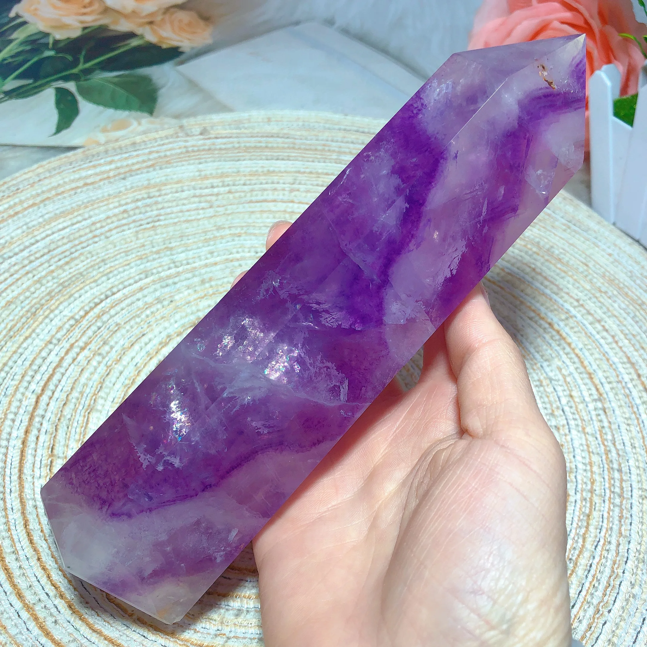 Natural Purple Fluorite Colorful Rainbow Tower Flash Healing Spiritual Obelisk Gemstone Housewarming Mineral Office Decoration