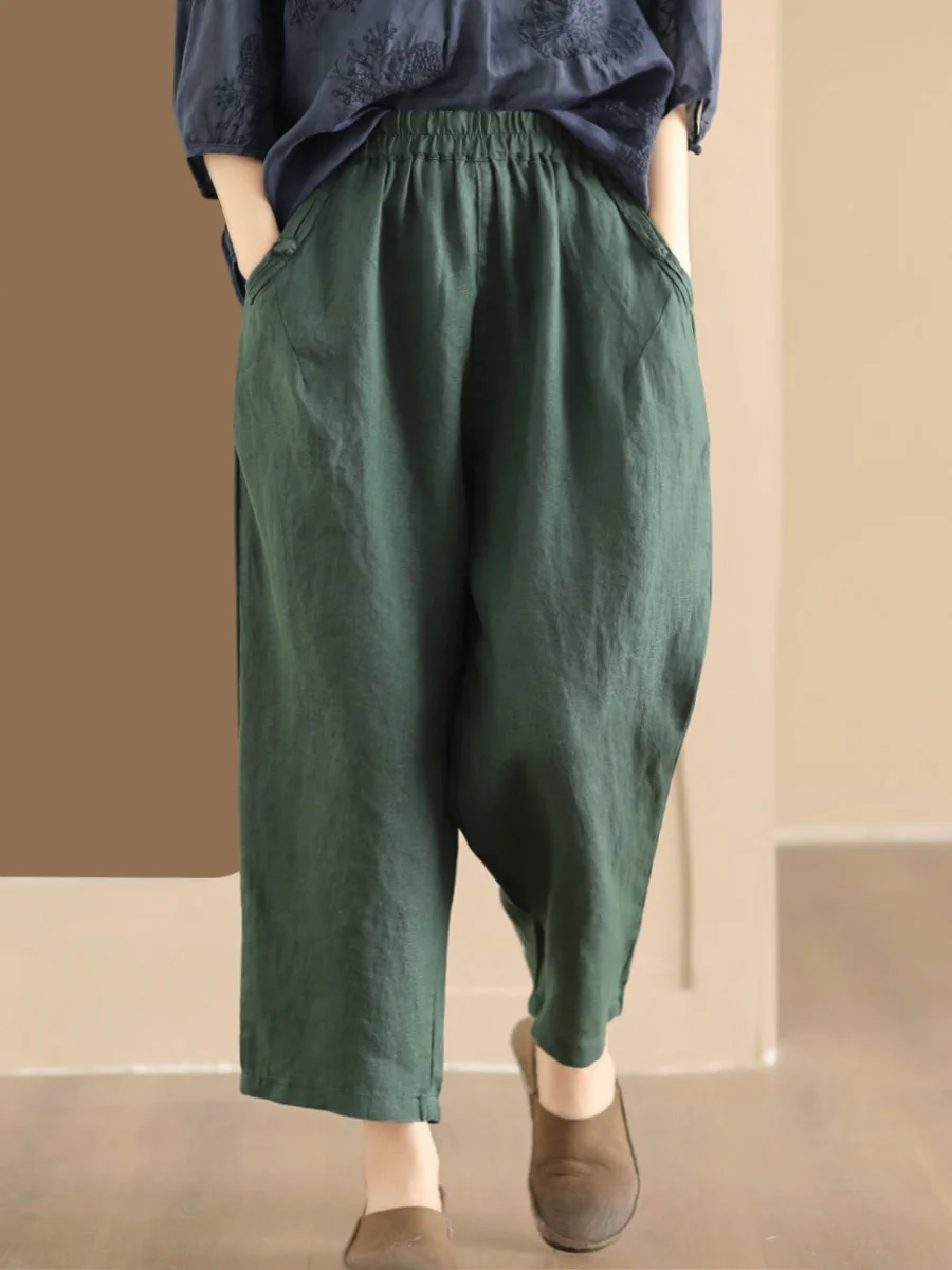 

Ретро-брюки свободного кроя на пуговицах для женщин, утягивающие, с эластичным поясом, маленькие размеры, универсальные льняные брюки-харлан