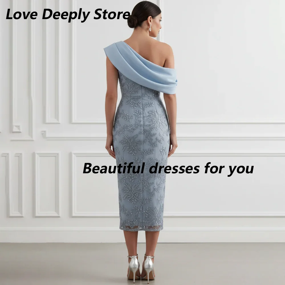 Customized Dusty Blue One Shoulder Mother Of Bride Dresses, Draped Beaded Lace Midi Formal Wedding Evening Cocktail Gown