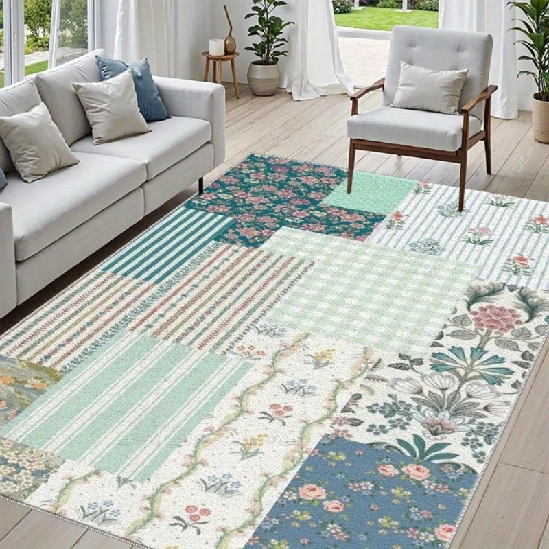 Patchwork Vintage Floral Striped Area Rug Cottage Style Non Slip Girls Bedroom Carpet