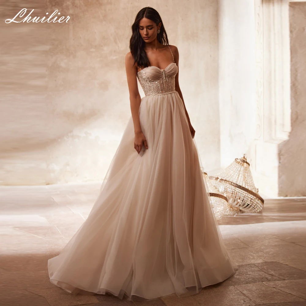 Lhuilier-Elegant A Linha Tulle Vestidos de casamento, até o chão, cintas de espaguete, frisada Lace, vestidos nupciais com Trem Tribunal