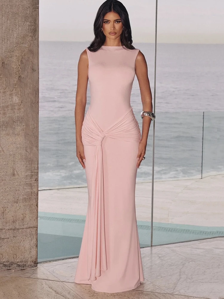 

Oniflyme Women Sleeveless Draped Ruched Maxi Dress Sexy O Neck Backless Package Hip Bodycon Partywear Female Elegant Dresses