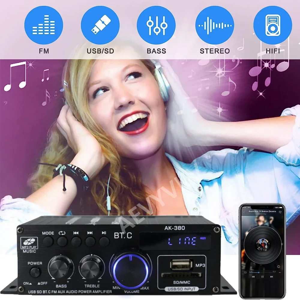 Hifi Geluidsversterker 2.0 Kanaal Bluetooth Amp Thuis Digitale Audio Dc 12v3a Ak380/Ak370/Ak280/Ak270/Ak170 Voor Auto Bass Trebl