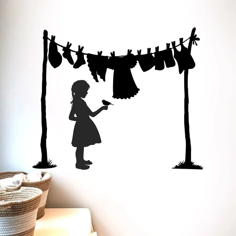 Laundry Room Girls Clothesline Pattern Decor Wall Decal Vinyl Home Decoration Laundry Room Self-adhesive Sticker Murals A999