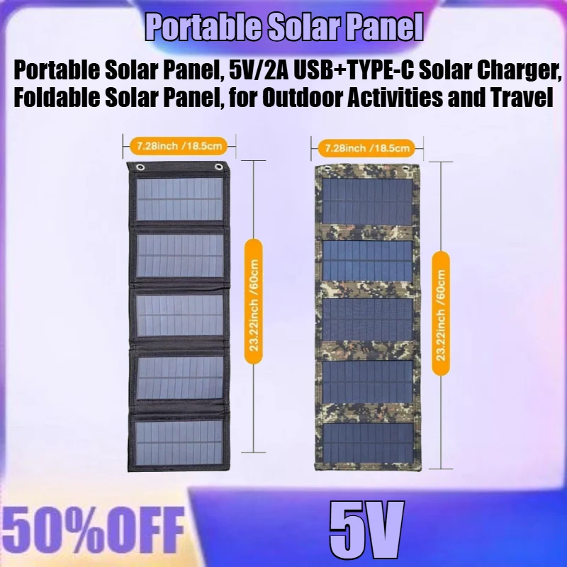 

New Portable Solar Panel, 5V/2A USB+TYPE-C Solar Charger, Foldable Solar Panel, for Outdoor Activities and Travel