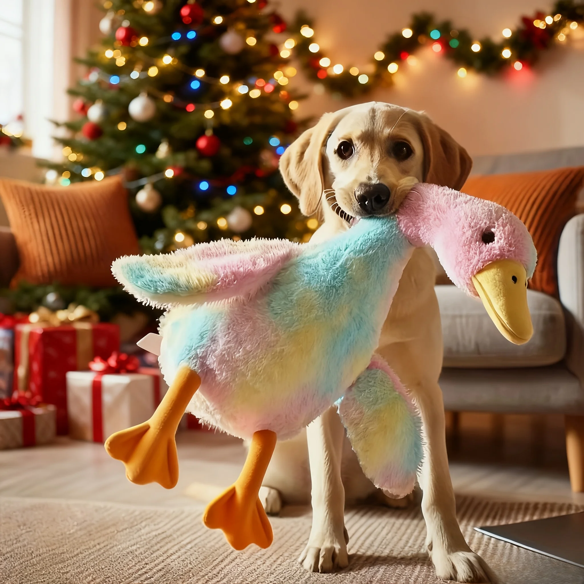 1 unidad de peluche suave de pato de 50 cm: juguete de peluche colorido con efecto tie-dye para gatos y perros, versión mejorada (ojos bordados + diseño sin cremallera), perro de compañía