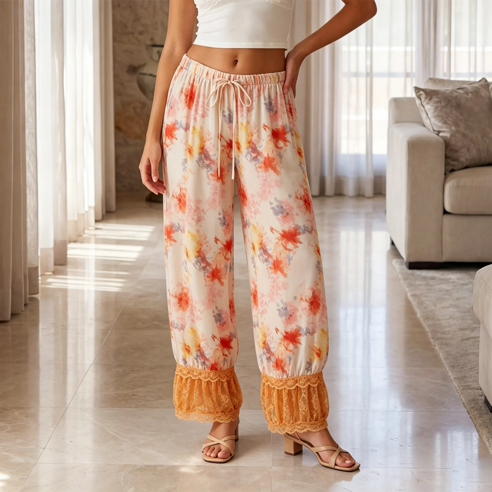 Women Loose Cropped Bloomer Pants Lace Trim Floral Print Drawstring Summer Capris