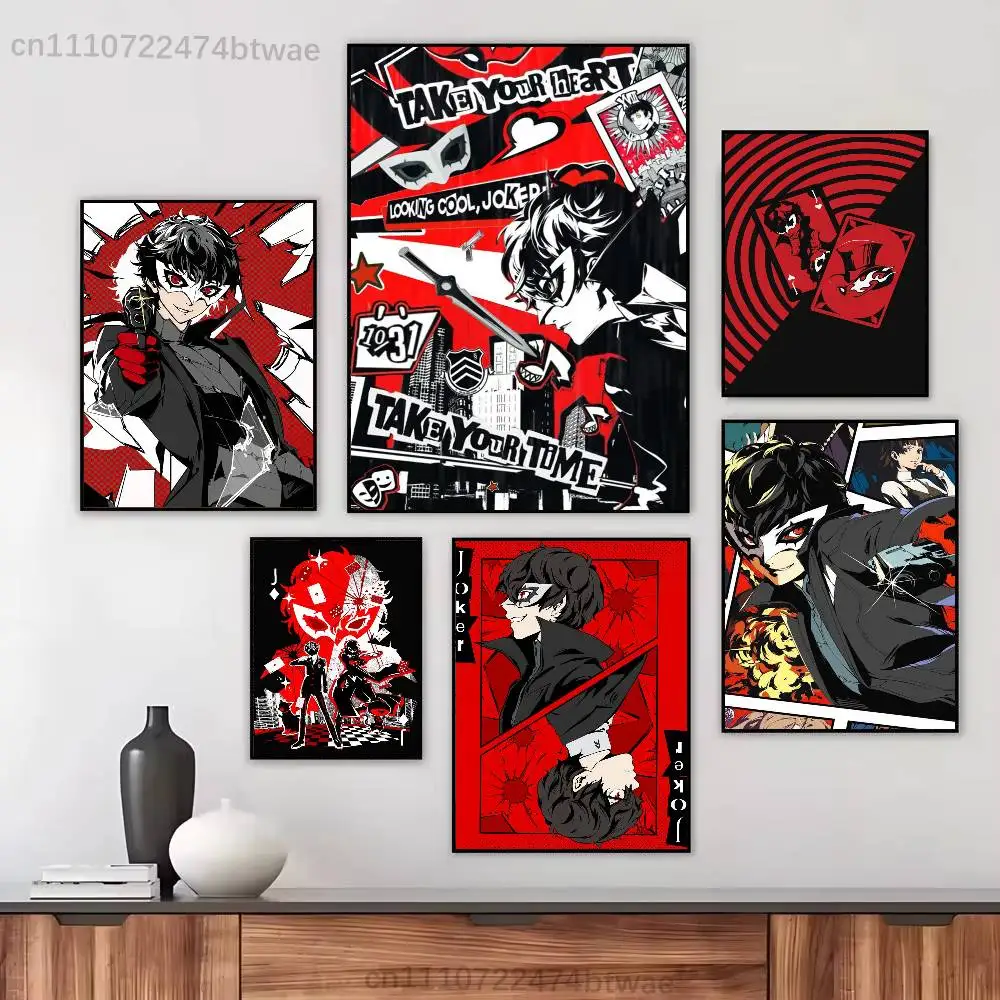 Game P-Persona 5 Joker Poster Fancy Poster Wall Sticker for Living Room Bar Vintage Decorative Painting