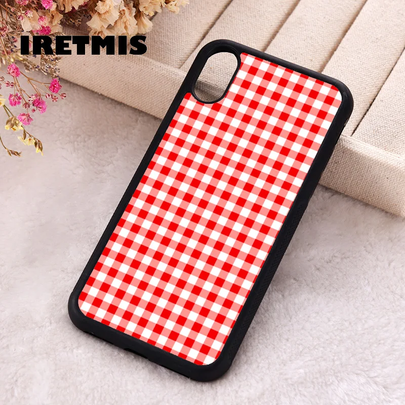 Iretmis Phone Cover Case For iPhone X XS Max XR 11 12 13 PRO MINI 14 15 16 Plus Silicone Rubber Red Gingham Picnic