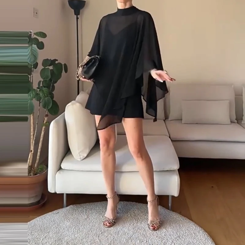 

Fashion Mesh Chiffon Suits Women's Elegant Shawl Satin Sling Outfits Sexy V-neck Sleeveless Mini Dress & Stand Collar Tops Sets