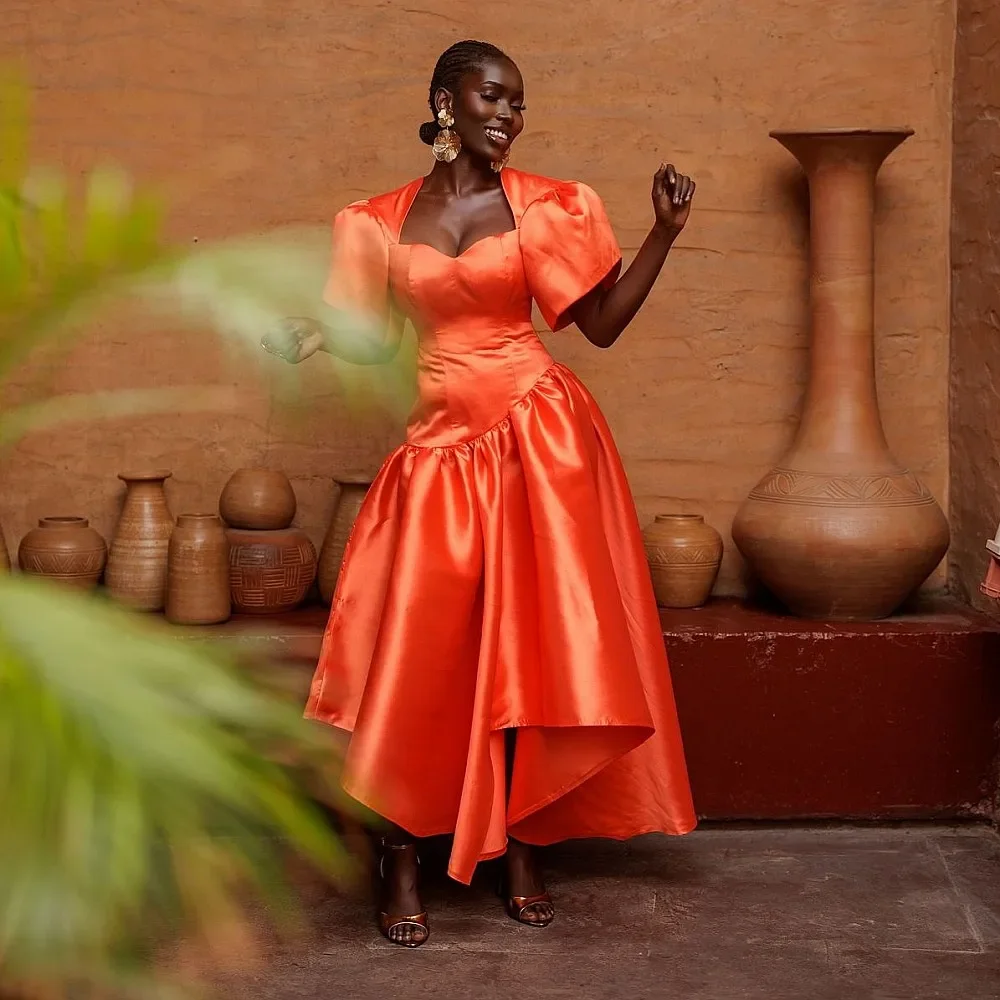 Vestido de Fiesta de Satén Naranja Oscuro para Niñas 2026, con Mangas Cortas Abullonadas, Escote Corazón, Asimétrico, para Noche o Cumpleaños