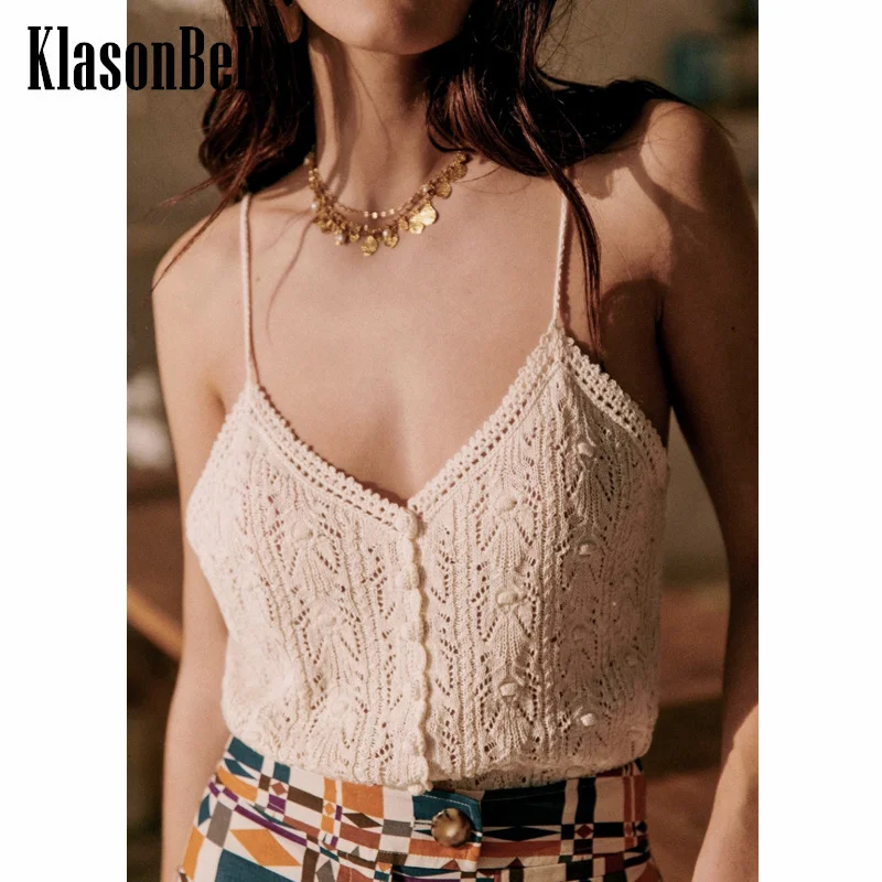 

6.28 KlasonBell Women Fashion All-matches Hollow Jacquard Knit Hot Girl Camis Sexy V-Neck Spaghetti Strap Button Tank Top