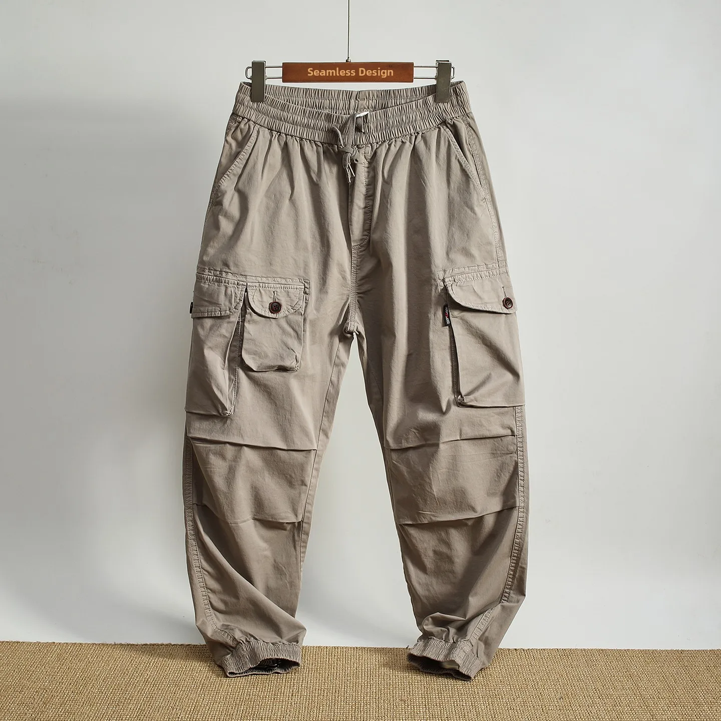 Men's Casual Vintage Workwear Loose Fit Elastic Cuffed Pants Multiple Pockets Versatile Comfortable Cotton Long Trousers