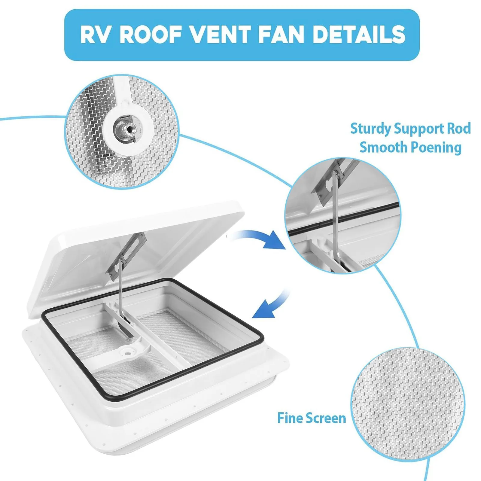 متنقل سقف تنفيس مقطورة السقف تنفيس RV العلوي تنفيس قابل للتعديل دعم قضيب إطار قوي مع شاشة الفولاذ المقاوم للصدأ لليخوت