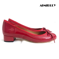 Women Red Patent Round Toe Bow Block Heel Pumps Low Heel Shoes