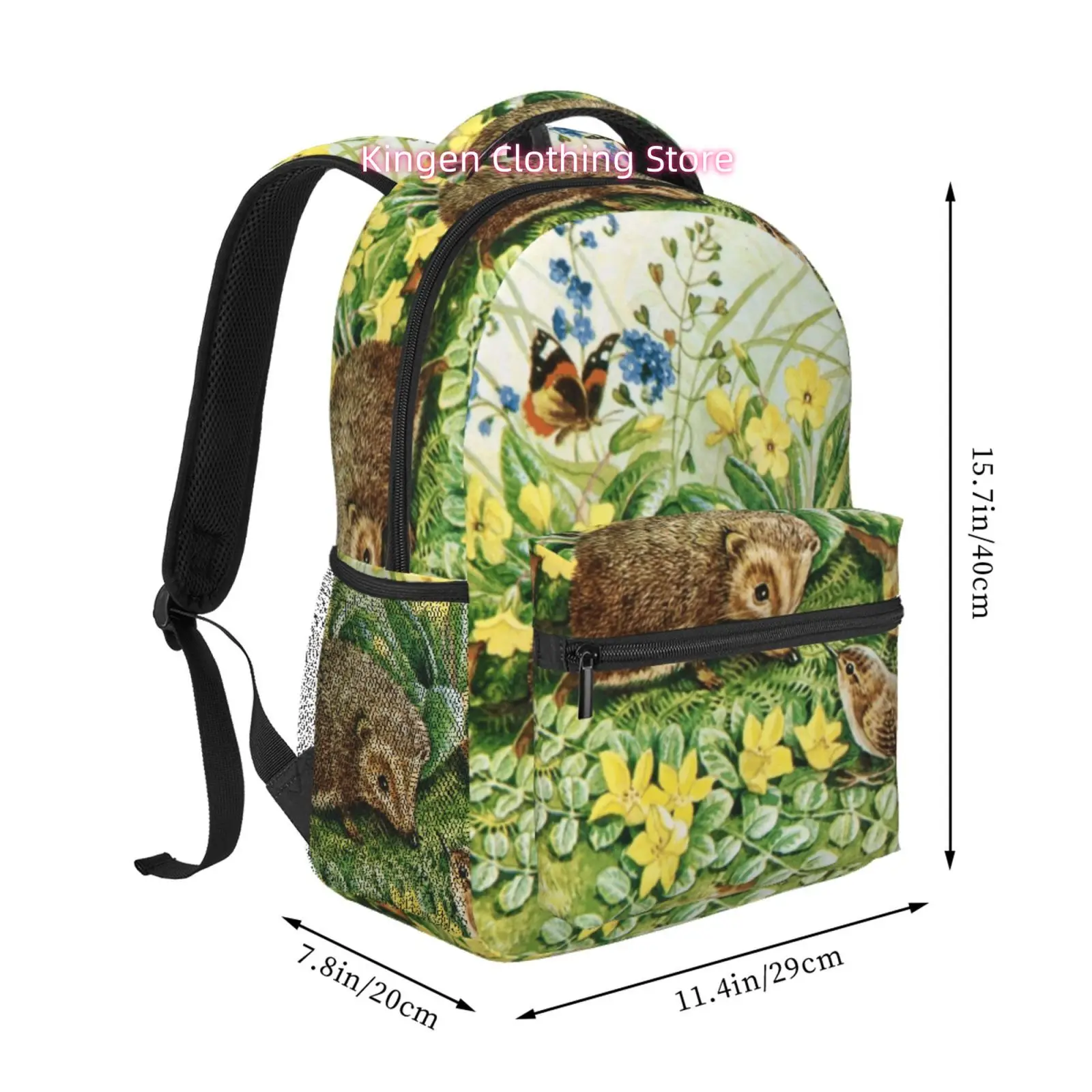 Vintage Hedgehog & Meadow Print Backpack Suitable for Unisex, High Quality Oxford Daypack with Adjustable Straps, Lightweight Zi