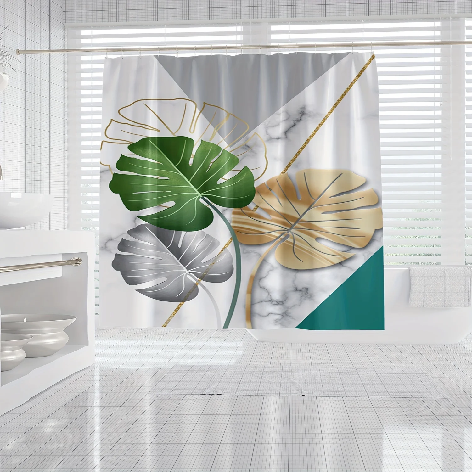 

1pc Marble Leaf Pattern Shower Curtain, Waterproof Bathroom Partition Curtain With Hooks, Bathroom Accessories, Home Decor
