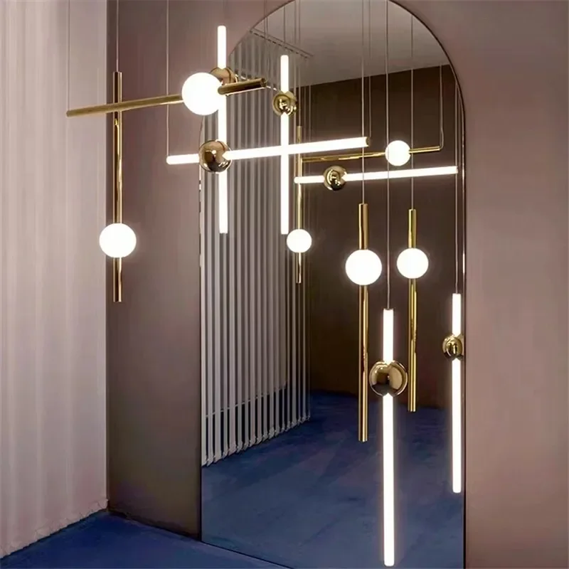 

Nordic Creative Spherical pendant lamp Glass LED Long Tube Light Postmodern Gold Designer Glossy LED Home Decoration Chandelier