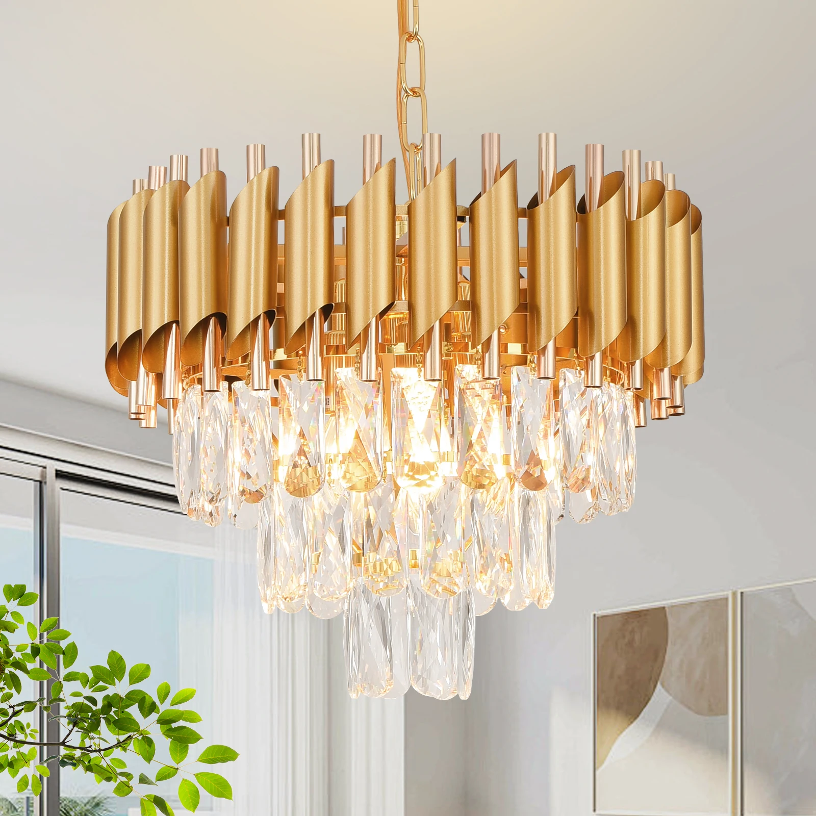 

Modern Gold K9 Crystal Chandelier, 15.75 Inch Dimmable Round 3-Tier Crystal Chandelier for hallway/kitchen island/living room