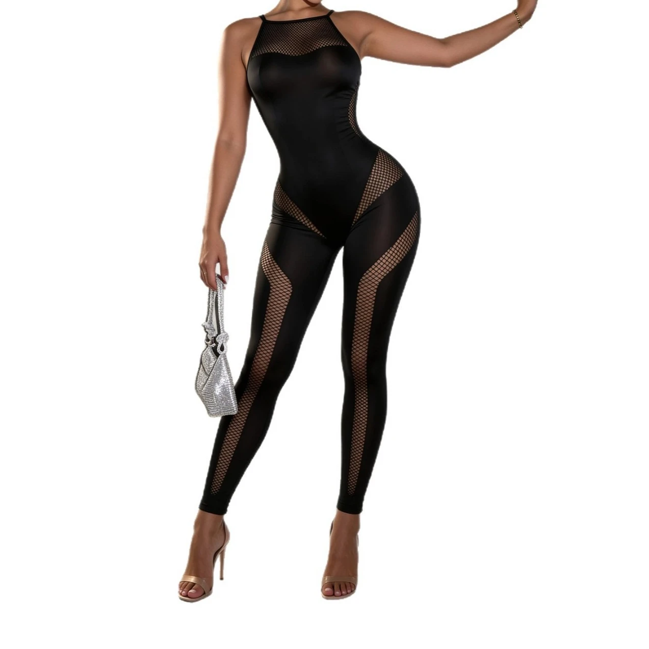 Halter Neck Sleeveless Bodysuit Geometric Cutout Fishnet Mesh Pattern Full Length Jumpsuit Slim Fitted Nightwear Outfit Women