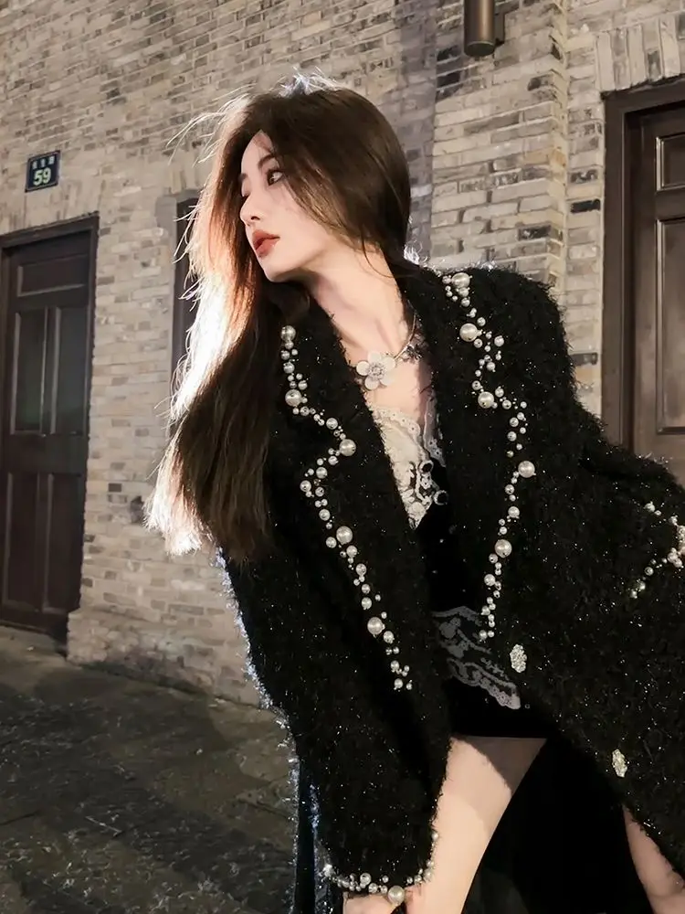 

Шерстяное пальто Xiaoxiao Yu из тяжелой шерсти с жемчугом, ручная вышивка, теплое, модное, для повседневной носки, приталенное, удлиненное, средней длины