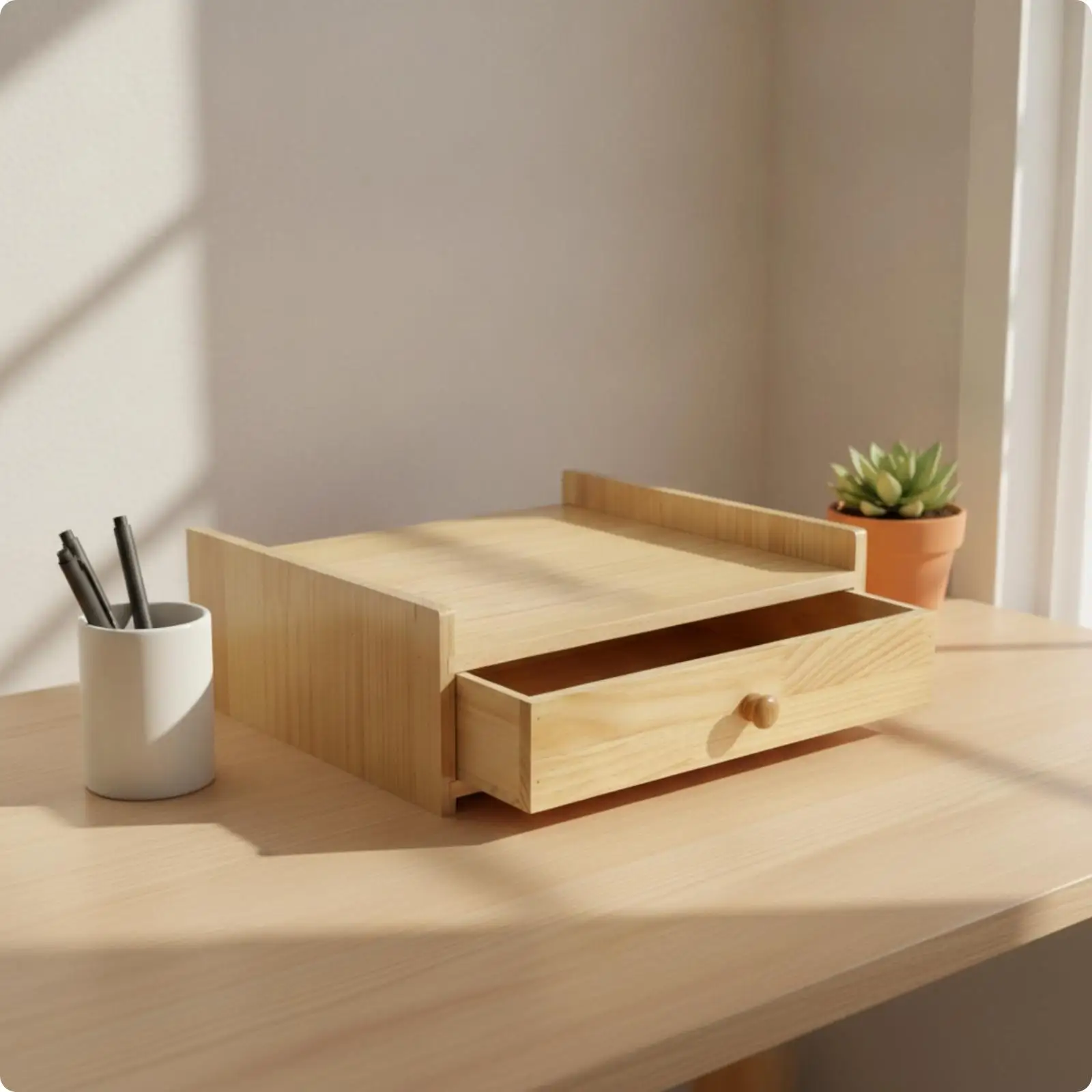 Softwood Desk Drawer Organizer with Round Knob Raised Platform for Small Supplies and Document Storage