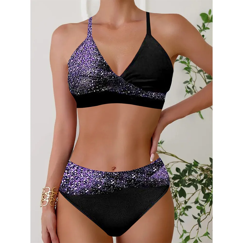 

Women Sparkling Printed Sequins Bikini Set Sexy Two-Piece Swimsuit Metallic Sheen High Waist Bottom & Push Up Top Sexy Summer