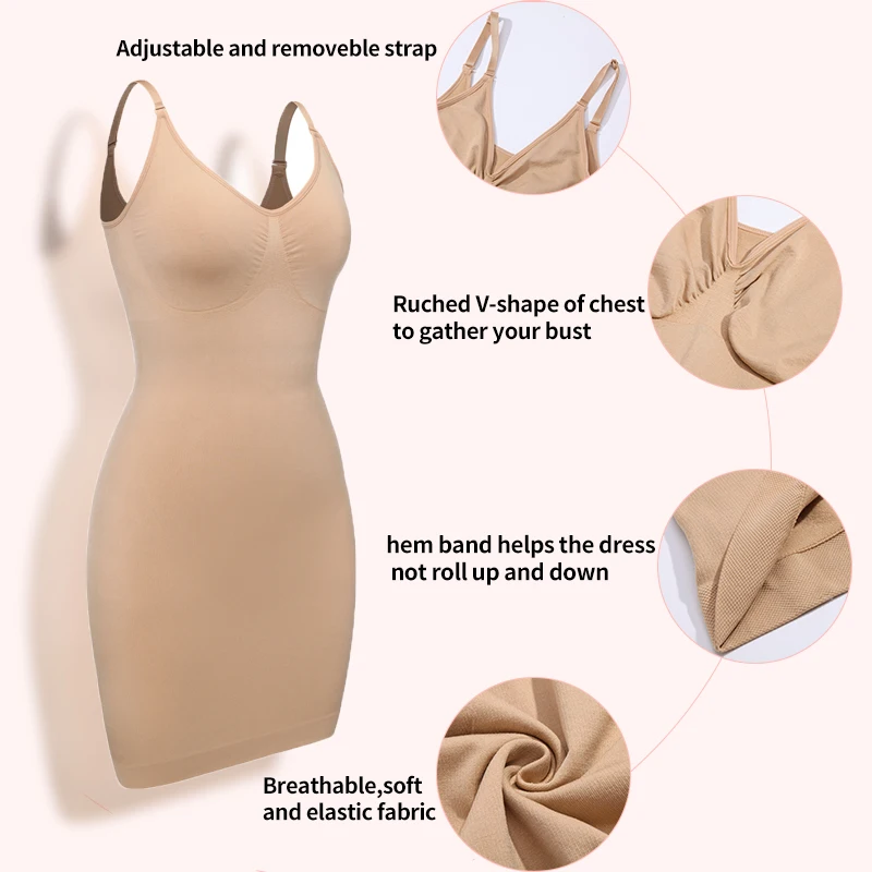 Sexy Full Slip Shapewear Women Dress V Neck Bodycon Underwear Smooth Compression Body Shaper Slimming Waist Abdomen Belly Corset