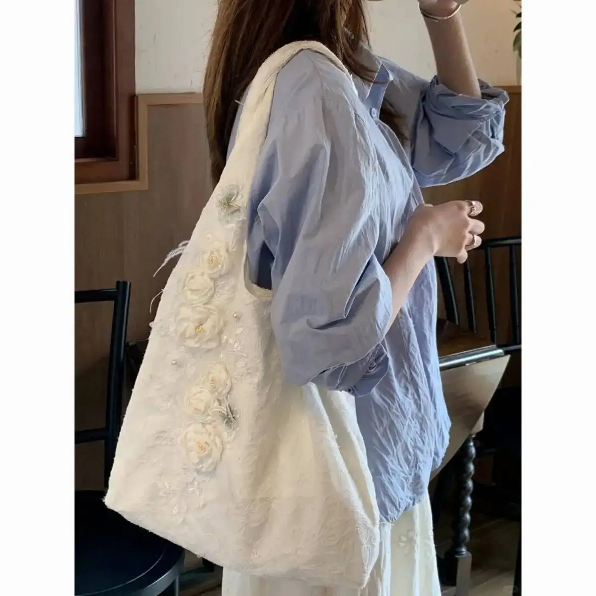 Bloom Sweet Lace Cute Handbag Women Haruku Rabbit Print Large Capacity Canvas Shoulder Bags Ladies Lolita Y2k Bag Aesthetic