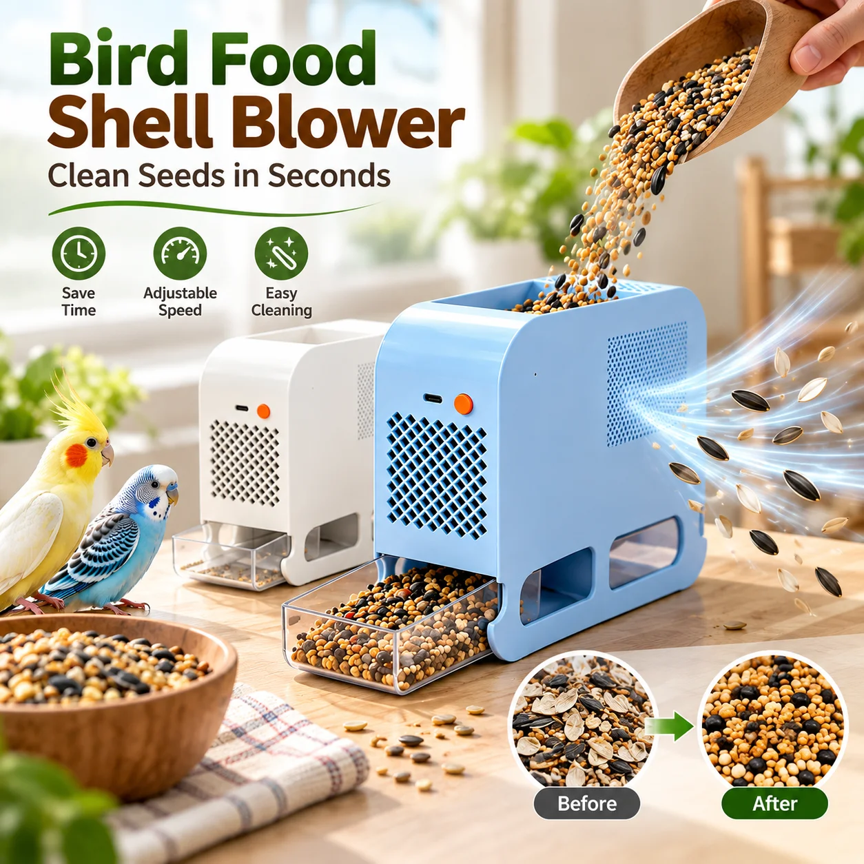 Electric Bird Food Shell Blowing Machine Airflow Adjustable Speed Efficient Bird Seed Food Separator Quiet Grain Cleaner