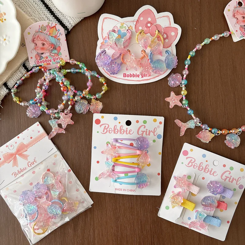 Summer Beach Hair Accessories Set for Girls Fish Tail Shell Starfish Hair Clips Elastic Hair Ties Beaded Necklace and Bracelet