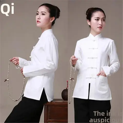 Long Sleeve Women's Casual Shirt Stand Collar Button up Chinese Style Top National Leisure Shirt Slim Fit Full Sleeve Origin Chi