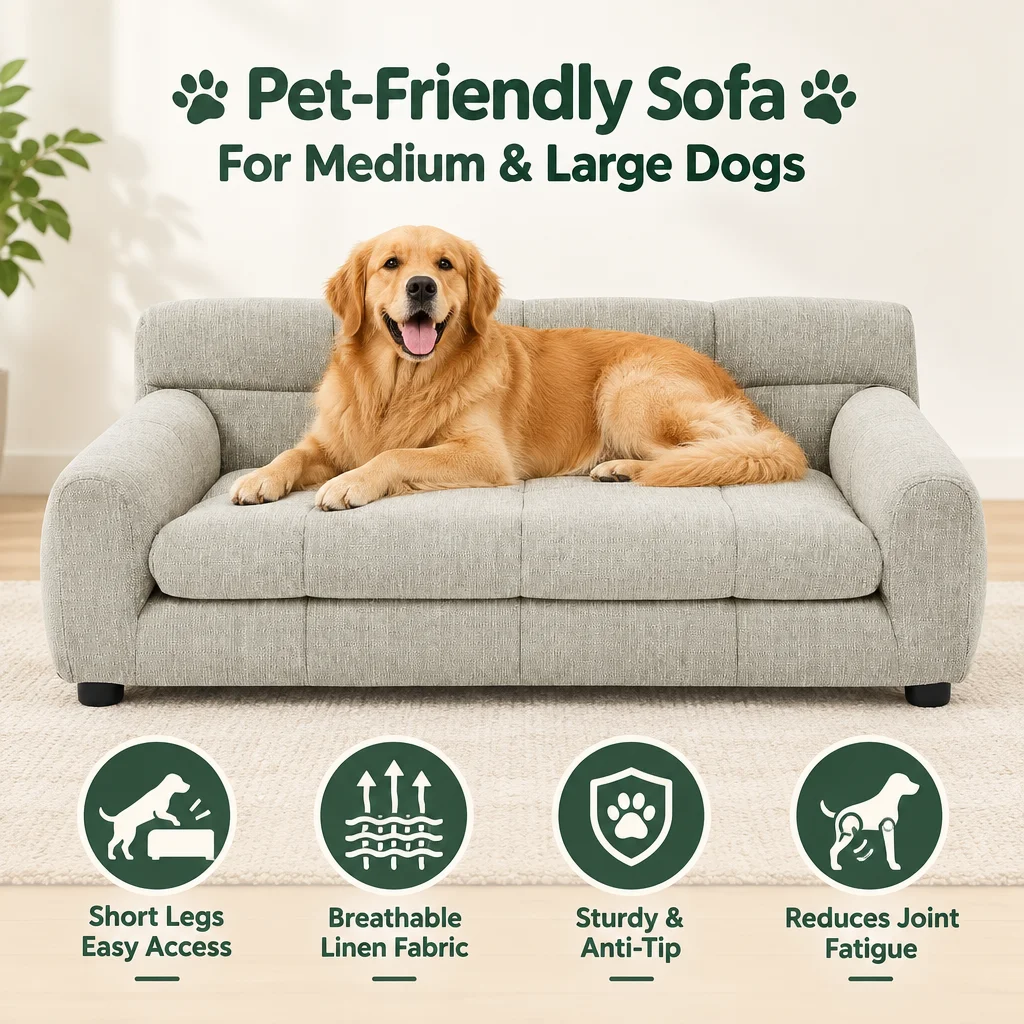 Pet Sofa with Backrest and Armrests, Short Legs, Stable Dog Recliner, Breathable Pet Furniture Suitable for Medium and Large Dogs, Modern Rectangular Pet Sofa