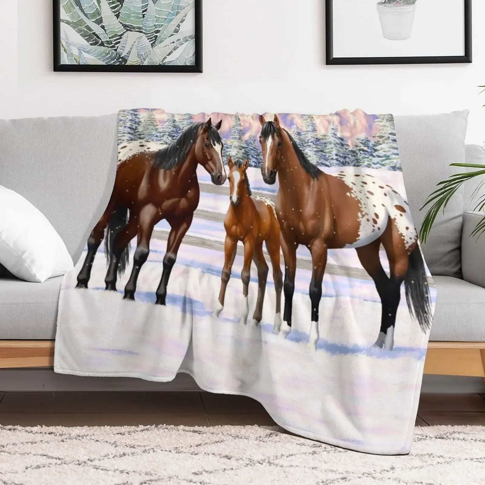 Bay Appaloosa Quarter Horses In Winter Snow Throw Blanket Bed linens Stuffeds Blankets