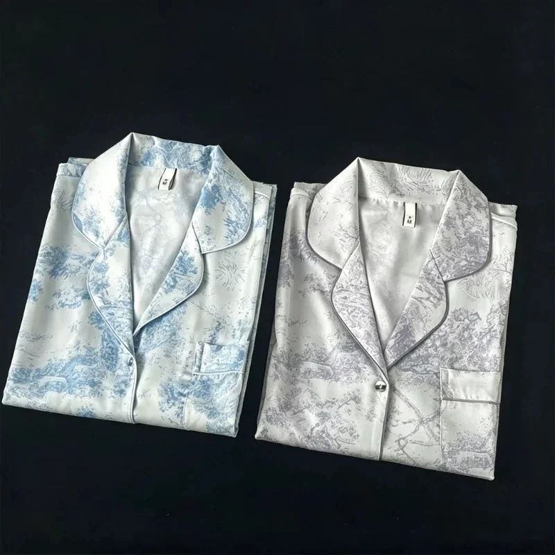 Women's Home Clothes Lapel Button Cardigan 2 Piece Outfit Set Women Printing Pajamas for Women Autumn Winter New Ice Silk
