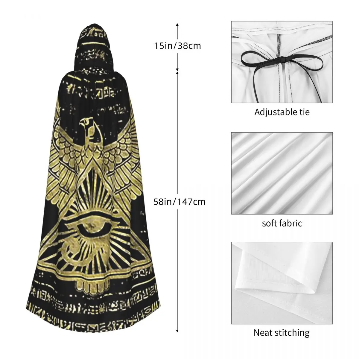 عين حورس المصرية Wadjet الذهب والأسود عباءة طويلة مقنعين الساحرة القرون الوسطى زي تأثيري كيب هالوين معطف الكبار للجنسين