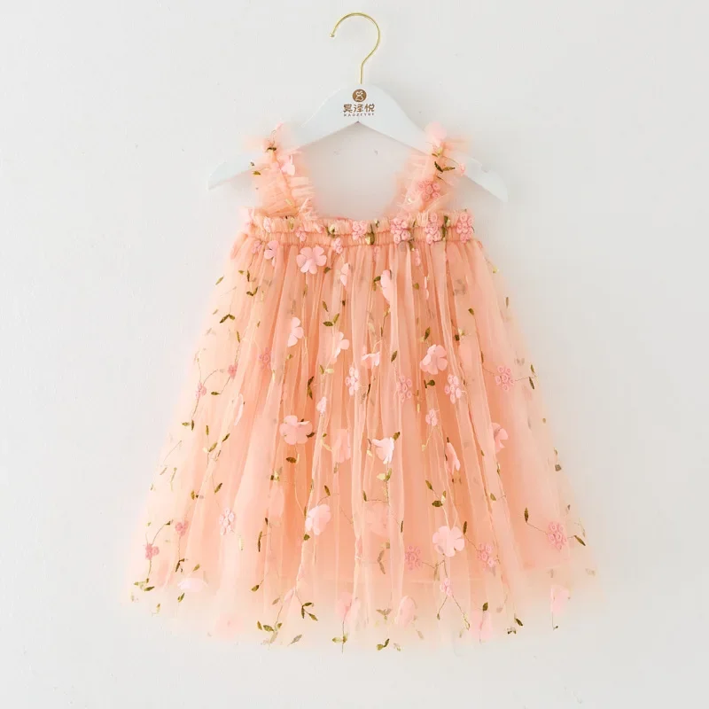 

Baby Girl Party Dress Princess Birthday Clothes Back Bow Wing Solid Color Strap Tulle Dress Summer Sequin Stars Mesh Baby Dress