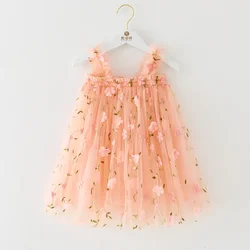 Baby Girl Party Dress Princess Birthday Clothes Back Bow Wing cinturino in tinta unita abito in Tulle Summer paillettes Stars Mesh Baby Dress