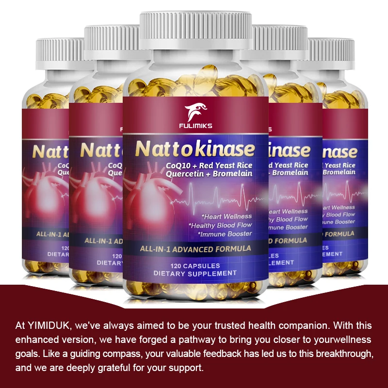 Kapsul Nattokinase 10,100MG dengan CoQ10 + beras ragi merah Quercetin + penguat kekebalan tubuh Bromelain