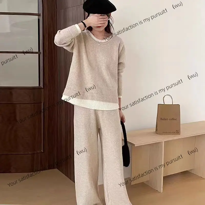 

ZOCI-Fake комплект из двух вязаных свитеров, свободный и ленивый стиль, свитер с круглым вырезом контрастного цвета и широкие брюки