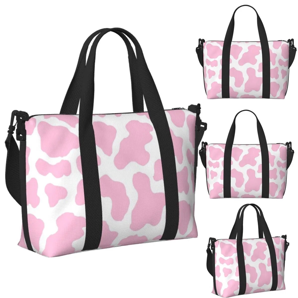 

Custom Pink Strawberry Cow Print Aesthetic Pattern Beach Travel Bag Tote Bags for Gym Sport Women Shopping Duffle Shoulder Bag