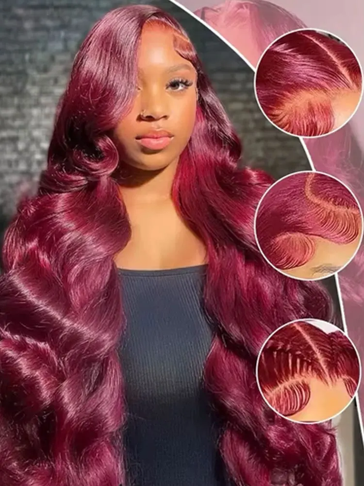 250% Density 99j Human Hair Wig 34 Inch Burgundy 13x4 HD Lace Frontal Body Wave Human Hair Wigs Real Brazilian Human Hair image 3