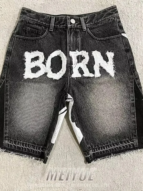 

Harajuku Хип-Хоп Wideleg Джинсовые орты с буквенным принтом Повседневные свободные летние молодежные модные повседневные брюки Sixths