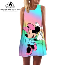 Vestido feminino sem mangas na altura do joelho, estampado Mickey Mouse, vestido casual para casa de verão, lindo padrão Minnie