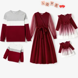 PatPat Valentine's Day Family Matching Color-block Tops and Flutter Mesh Dresses Sets