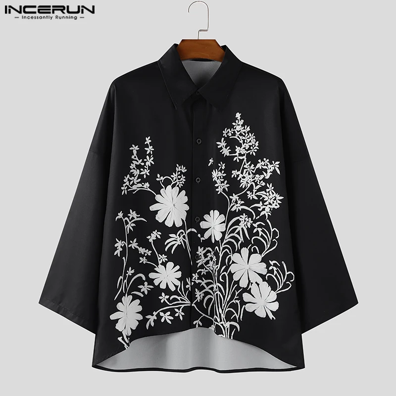 

INCERUN Мужская рубашка с цветочным принтом и лацканами, рукав 3/4, пуговицы, повседневная мужская одежда больших размеров, уличная одежда, модные мужские топы для отдыха 2023 г.