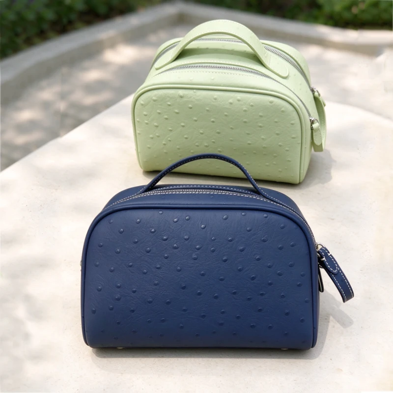 Cowhide Travel Portable Large Capacity Makeup Bag Genuine Leather Ostrich Pattern  Storage Bag Fashion Cosmetic Handbag
