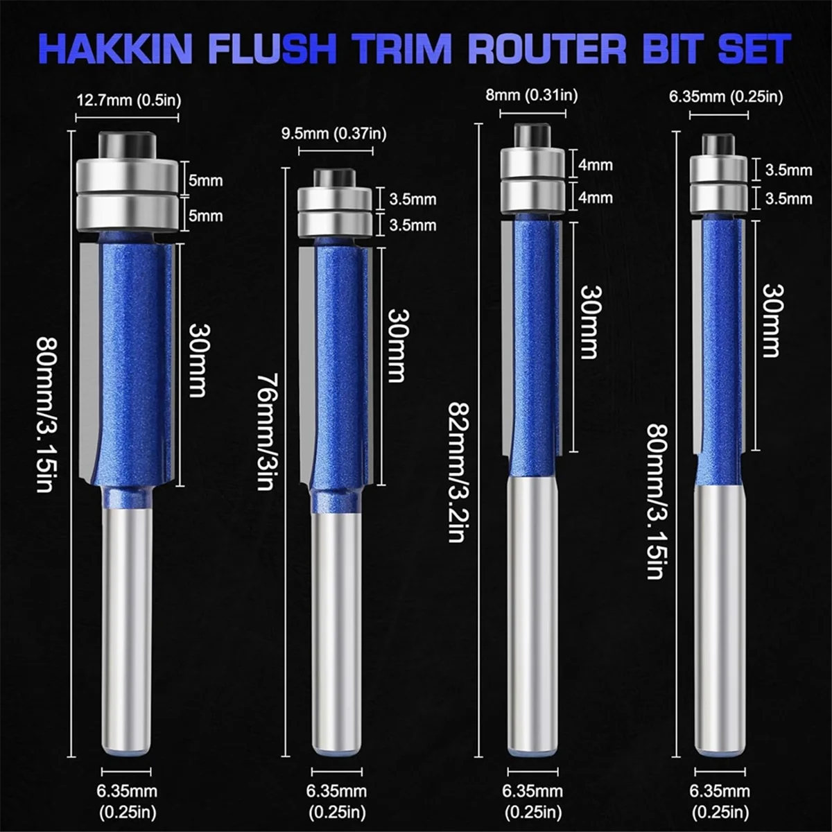 Flush Cut Router Bit para Carpintaria, haste reta, rolamento inferior superior, guarnição nivelada, 4 PCs, 1 em, 4 em