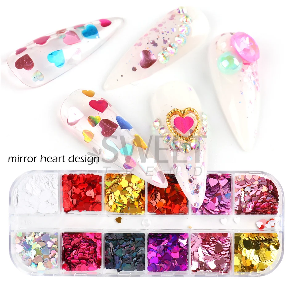 12 griglie olografiche Sweet Love Heart Nail Flakes irrigazione Laser Mix Glitter paillettes Nail Art Paillette Valentine Decor Tips